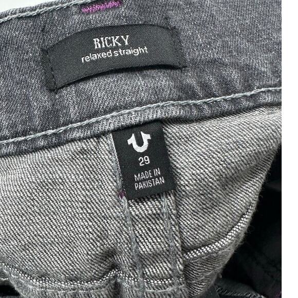 True Religion Men's Ricky Relaxed Straight Black & Purple Distressed Jeans 29x32 - Picture 4 of 8